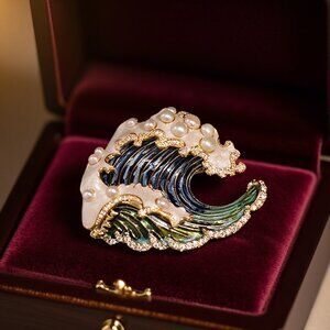 New! Ukiyo-e Style Wave Brooch w/ Pearls, Crystal & Enamel Accents